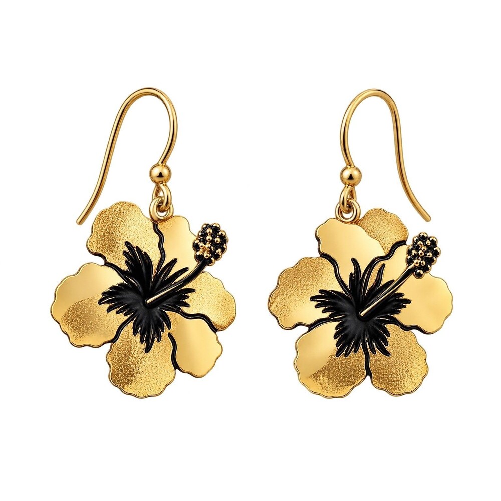 18K Gold Plated Leighton LAM Signed Hawaiian Hibiscus Dangle Drop Earrings